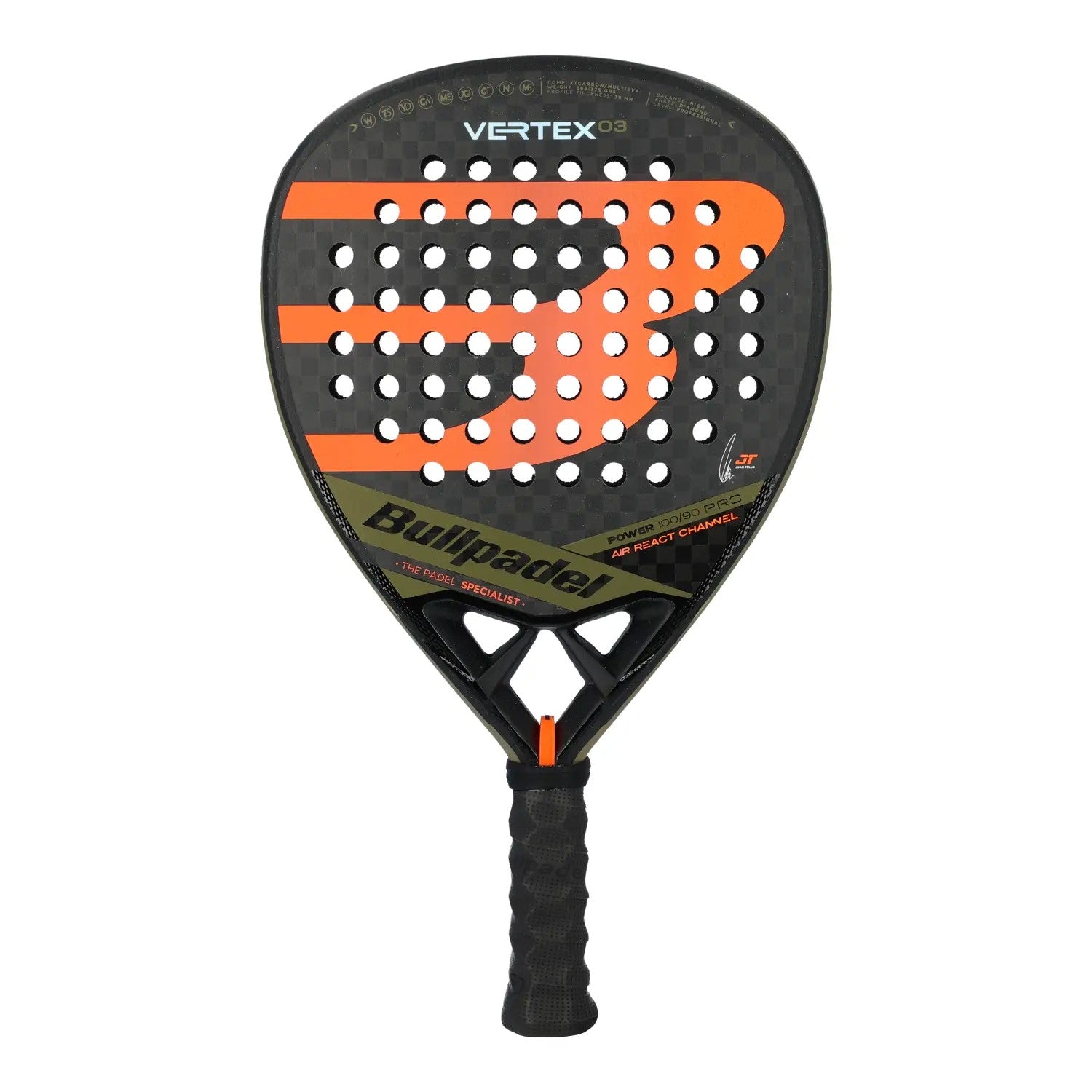 Front face of the Bullpadel vertex padel racket in orange and black.